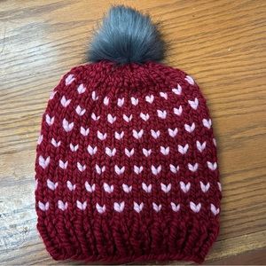 Knitted adult heart hat with faux fur Pom Pom